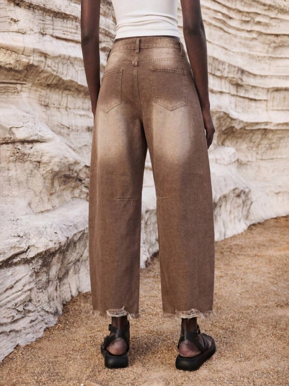 Muted Tan Denim Jeans with Distressed Rips - Picture 2 of 7